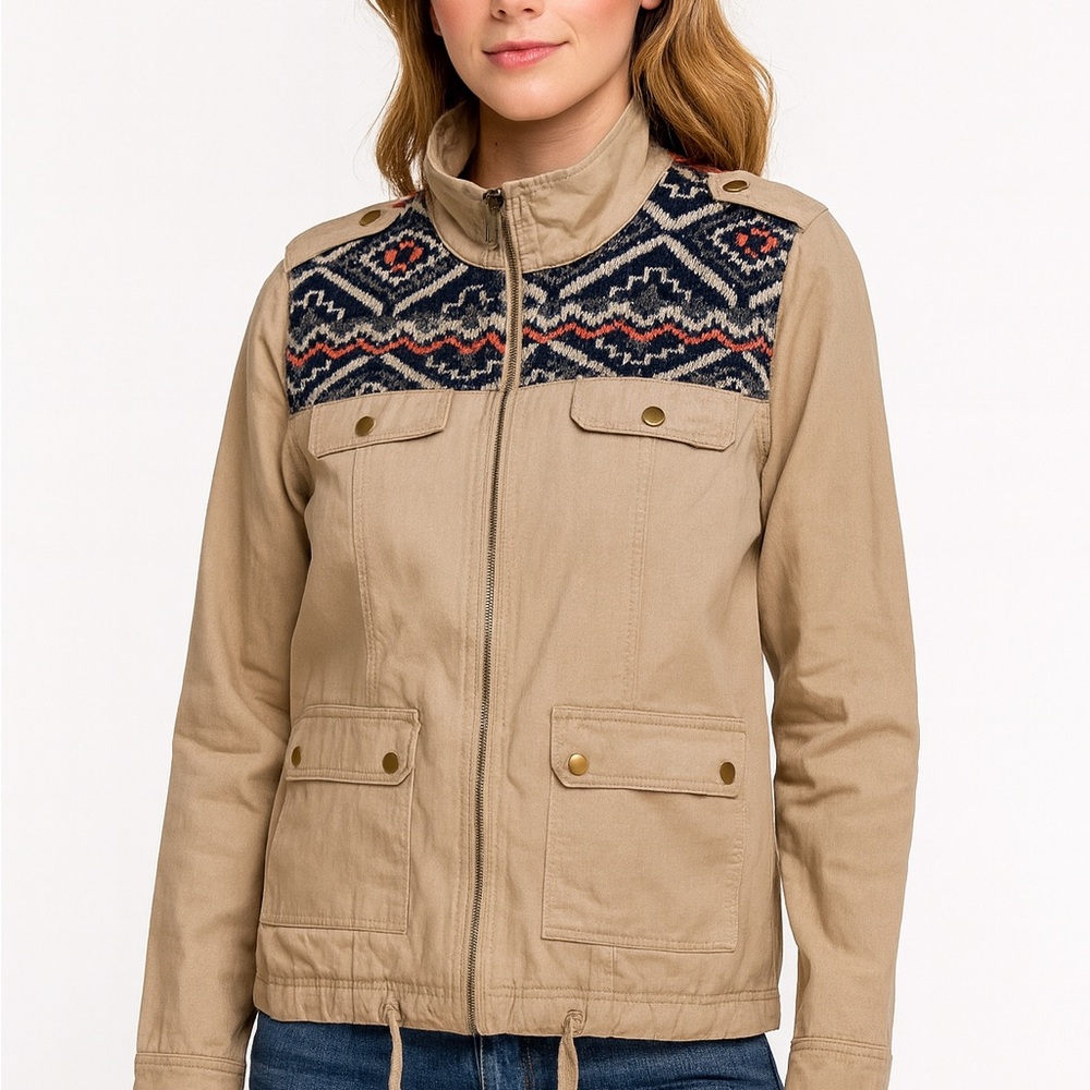 Blu Pepper Cocoa Utility Jacket with Patterned Shoulders